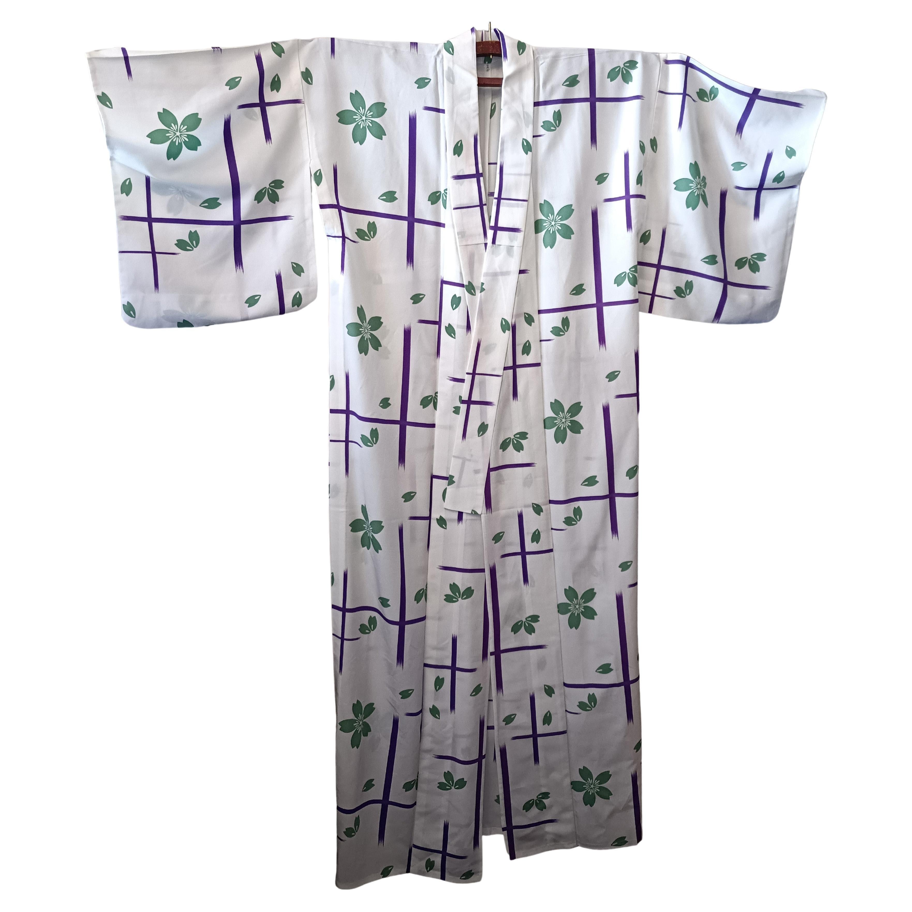 Japanese white yukata with green flower and purple cross pattern
