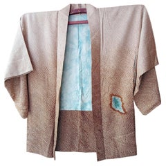 Japanese Silk Haori Jacket Shibori Beige Brown and Blue 1980s Showa