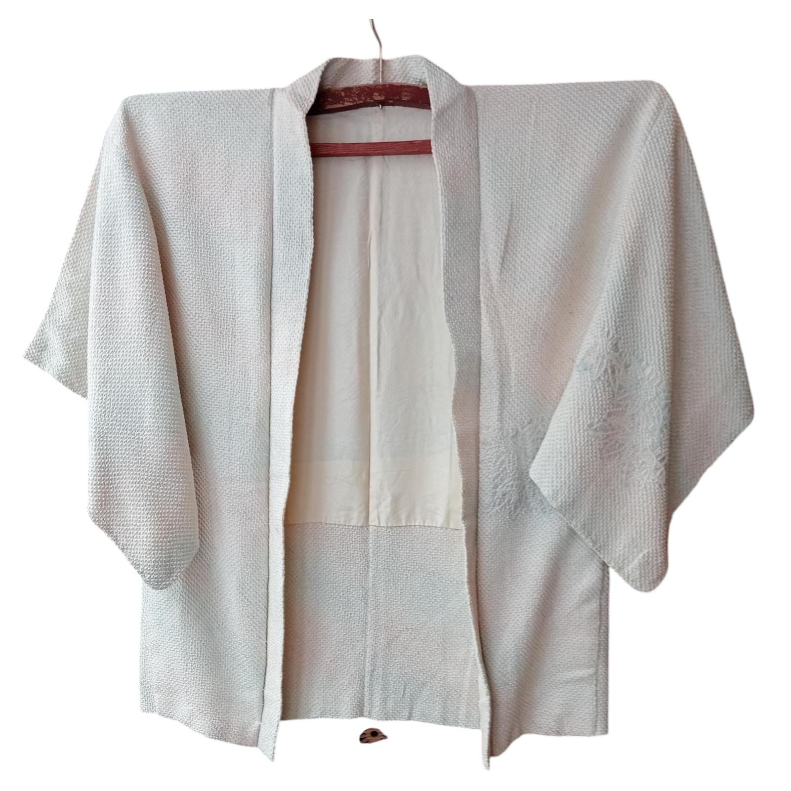 Japanese ivory bllue pink Haori Kimono Coat for Women with Silk Shibori 1970s