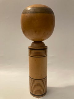 Vintage Japanese Kokeshi Doll with Chrysanthemum Motif and Calligraphy