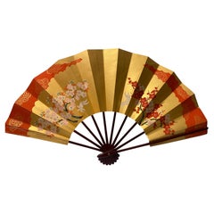 Vintage Japanese Folding Fan with Gold Ground, Cherry Blossoms, Plum Blossoms an