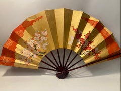 Vintage Japanese Folding Fan with Gold Ground, Cherry Blossoms, Plum Blossoms an