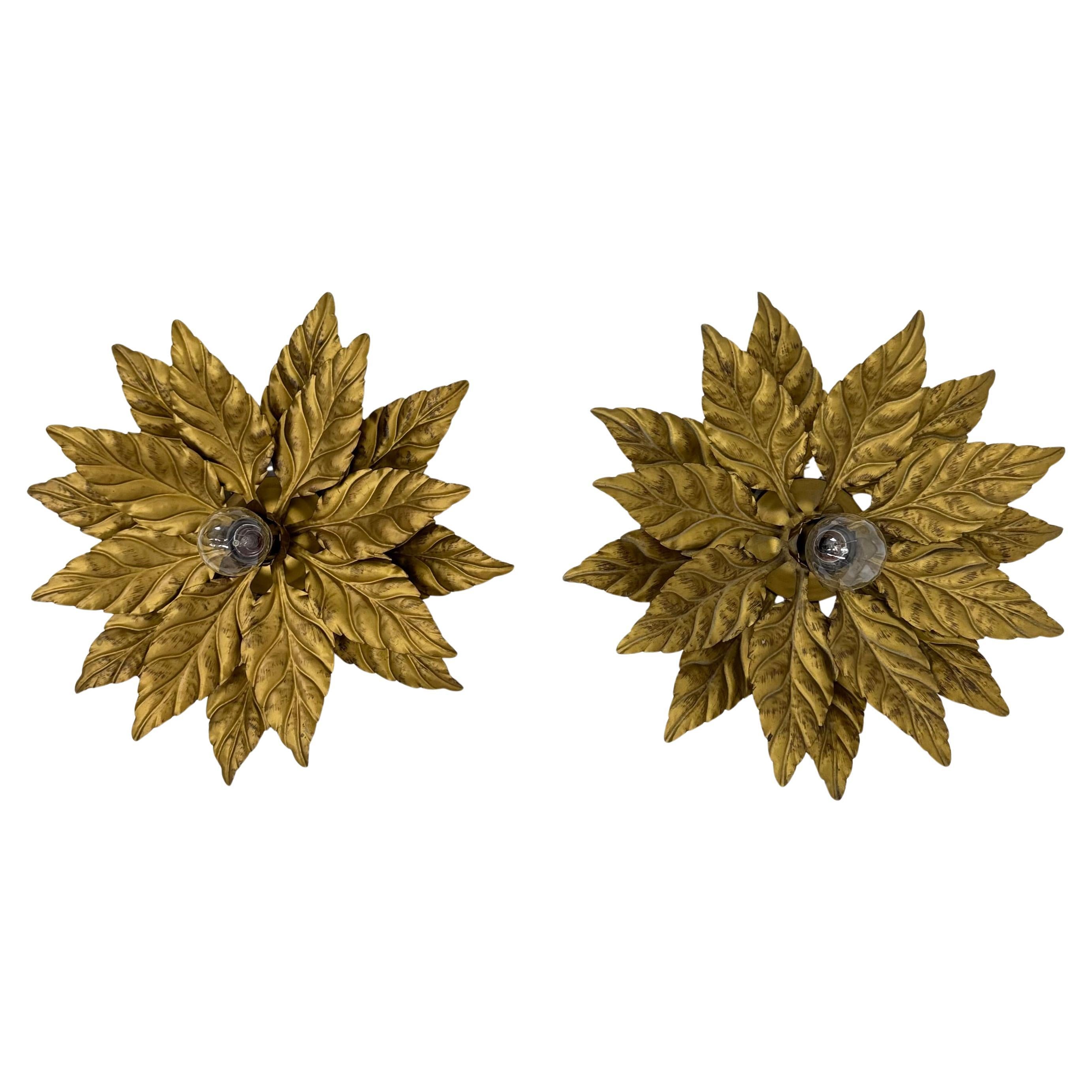 Pair of Hans Kögl flush mount / wall lamp leafs , 1970s , Germany For Sale