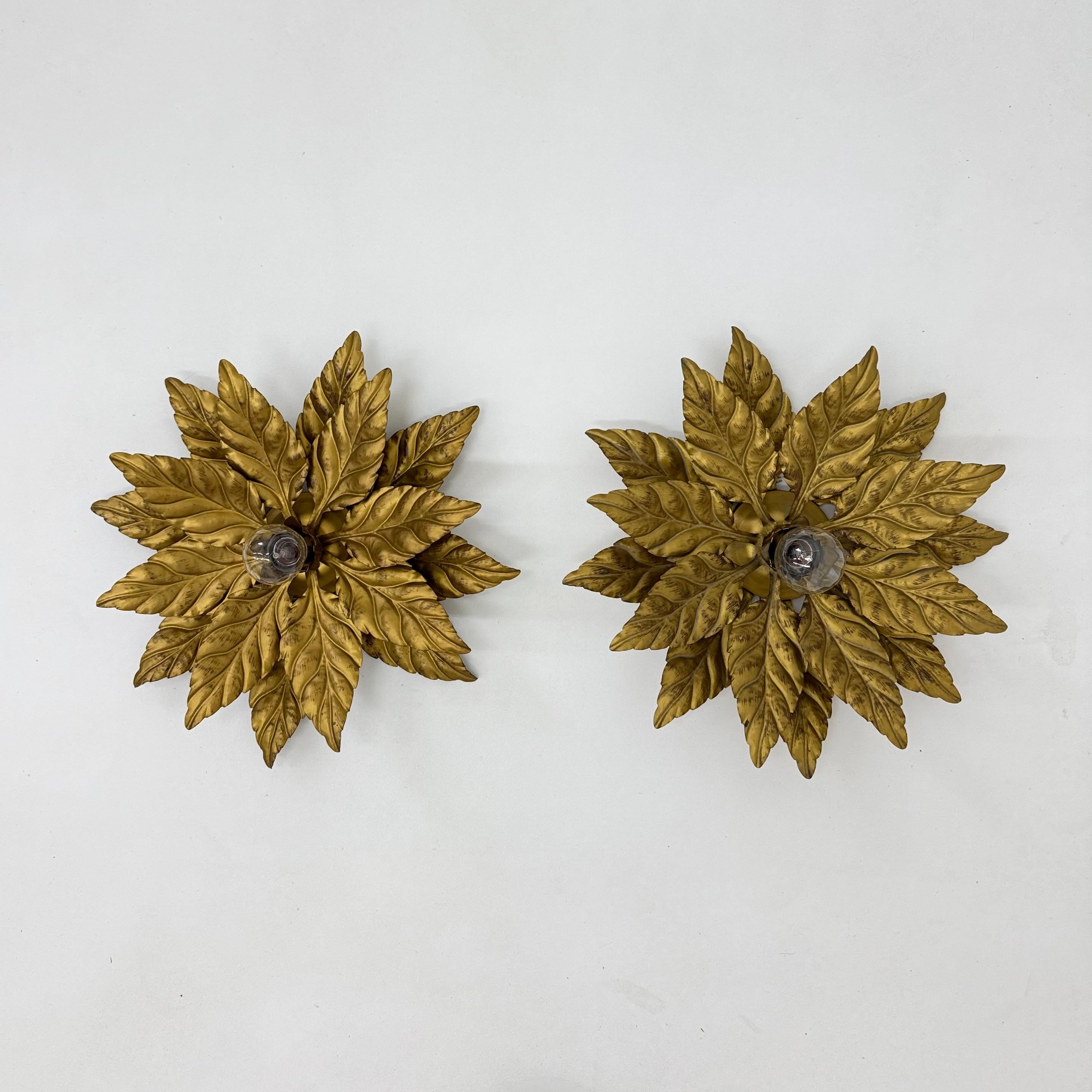 Hollywood Regency Pair of Hans Kögl flush mount / wall lamp leafs , 1970s , Germany For Sale