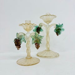 Salviati Venetian Murano glass gold fleck hand blown candlesticks Italy , 1950s