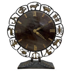 Mid Century Junghans Modernist Zodiac table Clock in Black Metal & Brass, German