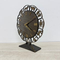 Mid Century Junghans Modernist Zodiac table Clock in Black Metal & Brass, German