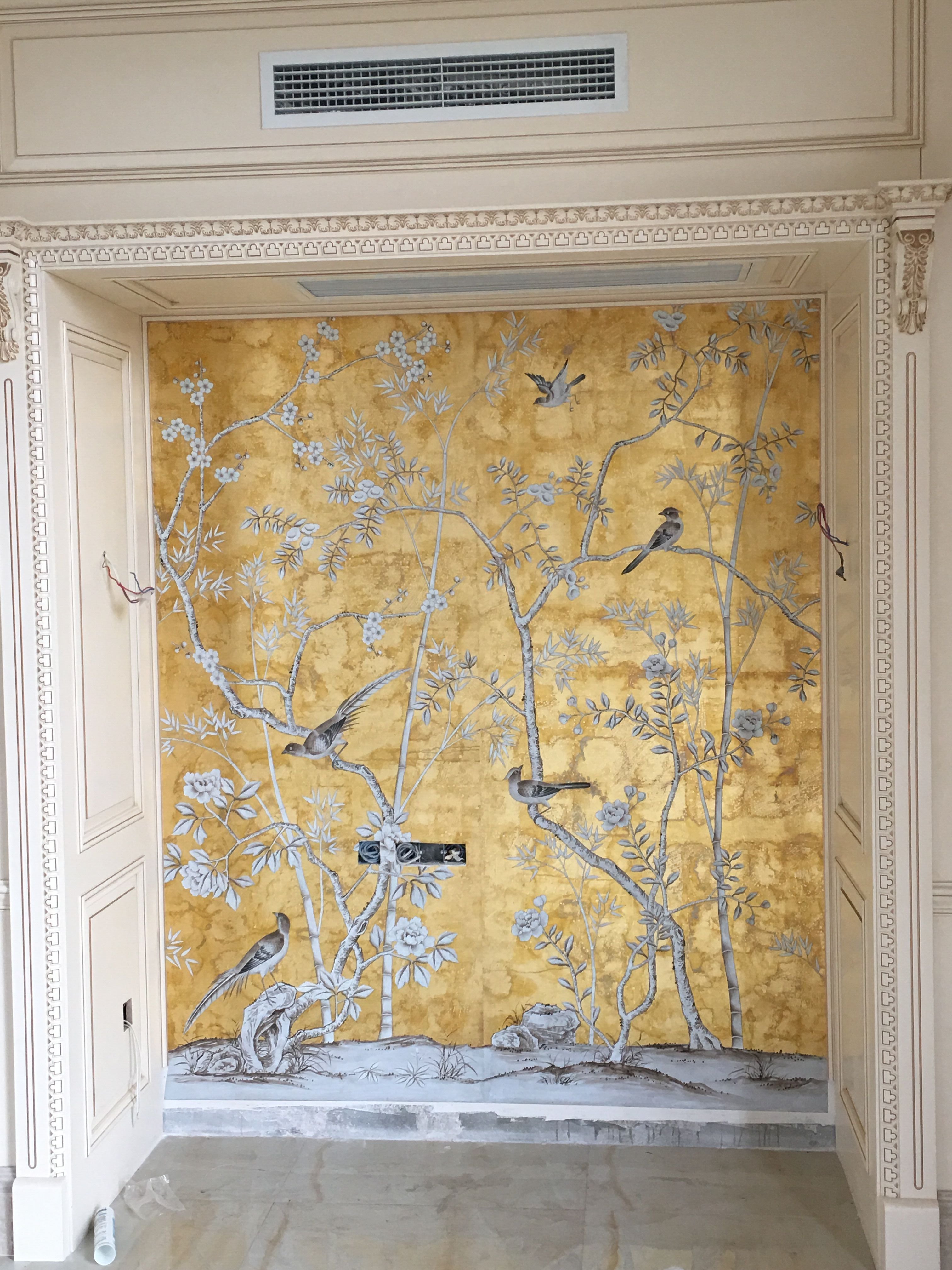 Chinoiserie Panel Hand Painted Wallpaper on Gold Metallic, Accept Custom Size For Sale