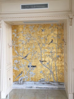 Chinoiserie Panel Hand Painted Wallpaper on Gold Metallic, Accept Custom Size