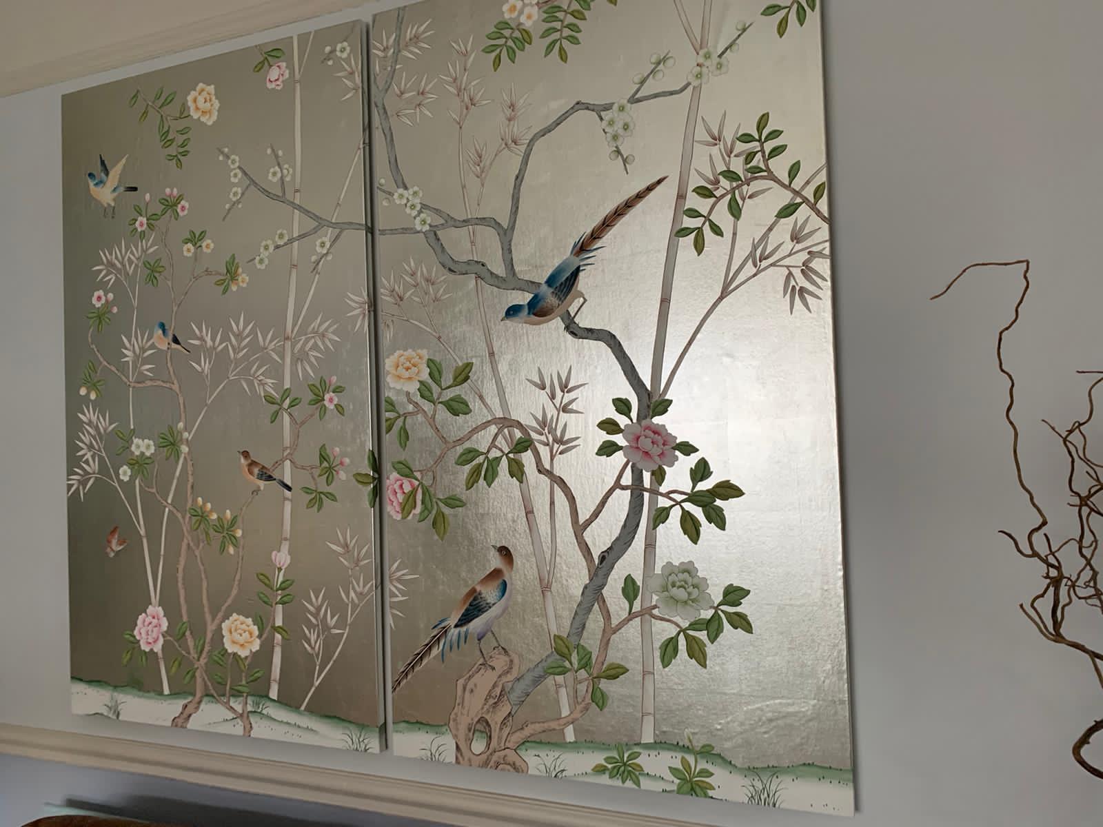 Chinoiserie Panel Hand Painted Wallpaper on Silver Metallic, Accept Custom Size