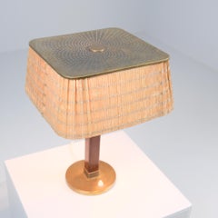 Paavo Tynell Table Lamp Model 5066, Perforated Brass, Rattan & Wood, Taito 1950s