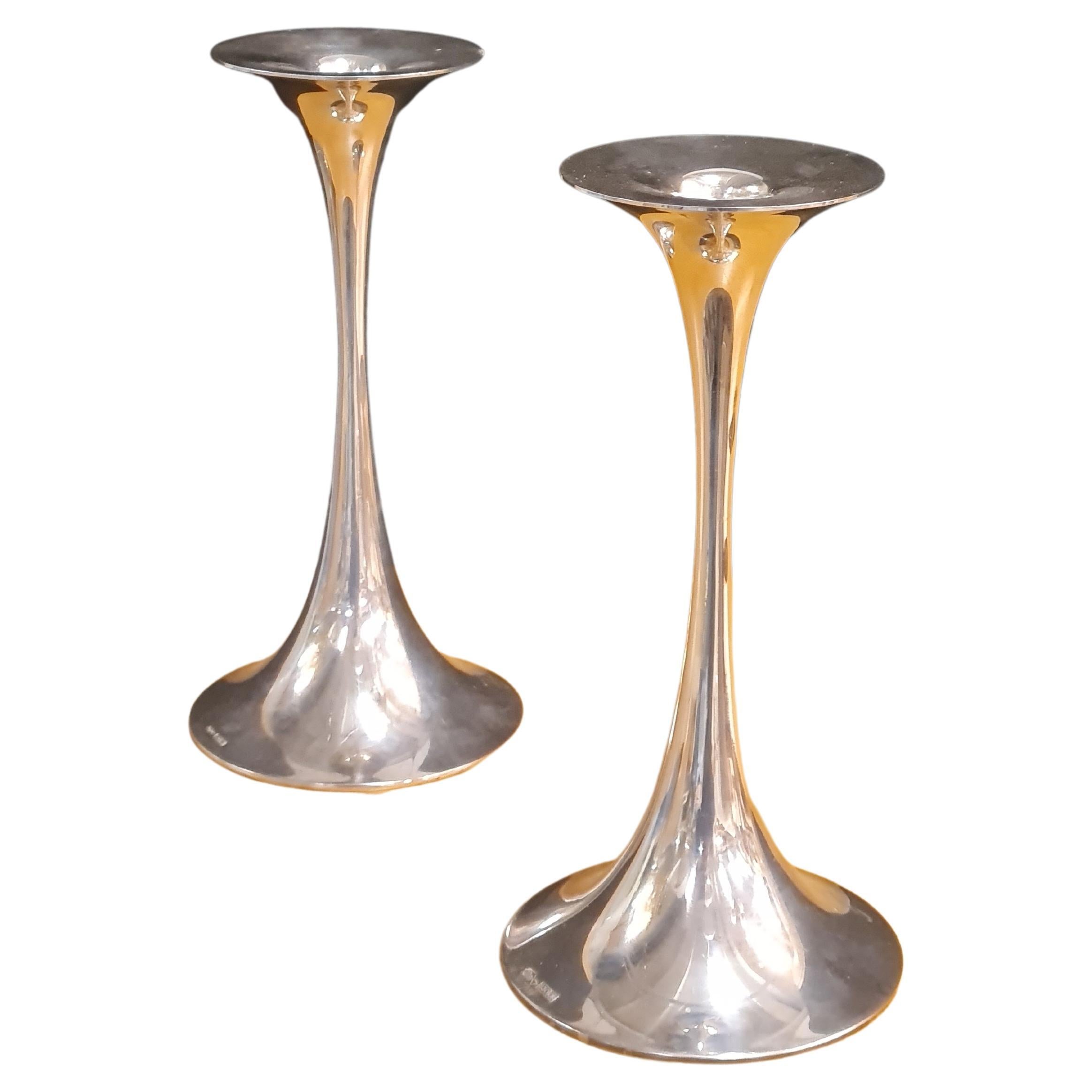 Tapio Wirkkala Pair of Trumpet Candle Holders In Silver, Kultakeskus Oy 1980s