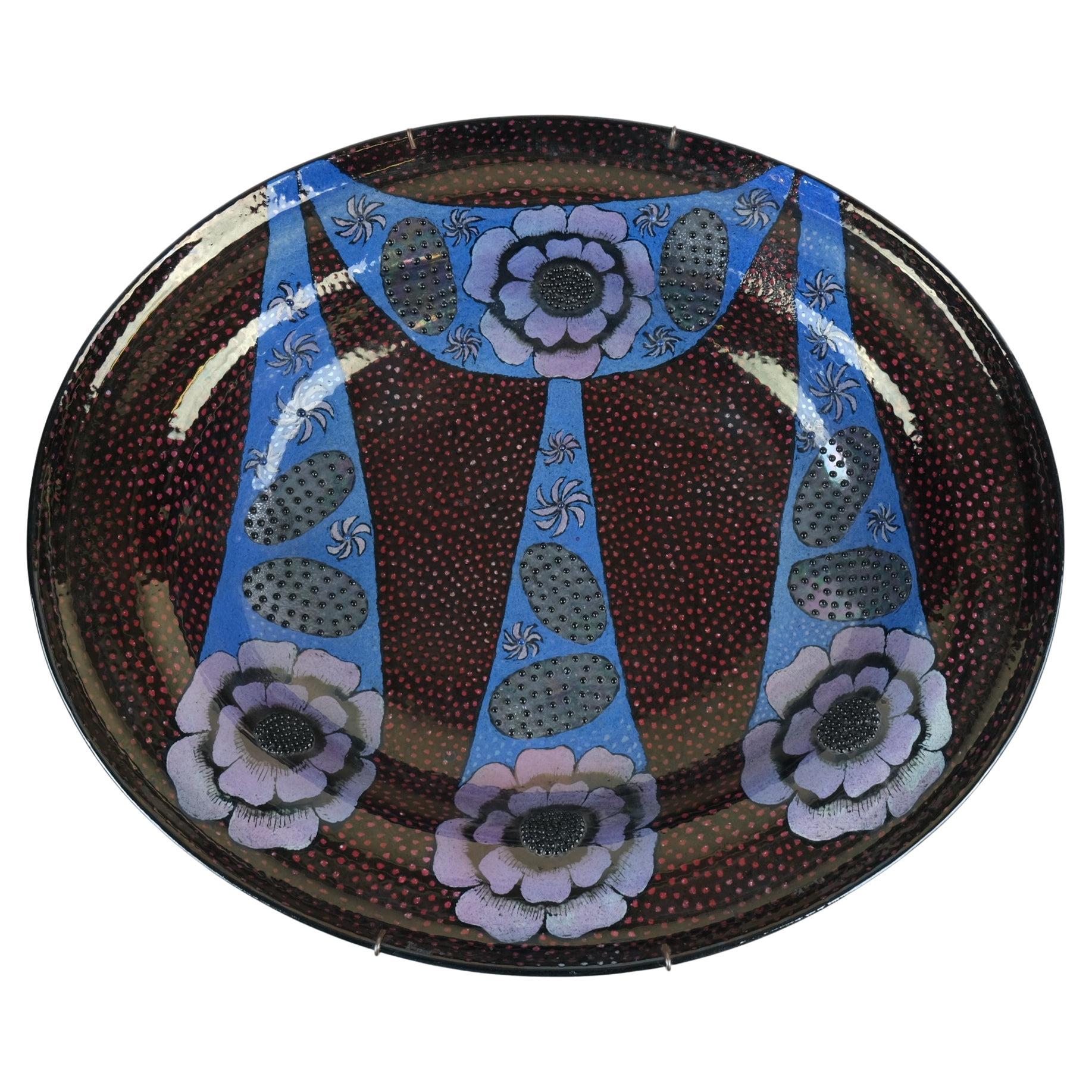 Birger Kaipiainen, Plato de cerámica muy grande, rojo azul con abalorios, Arabia años 70