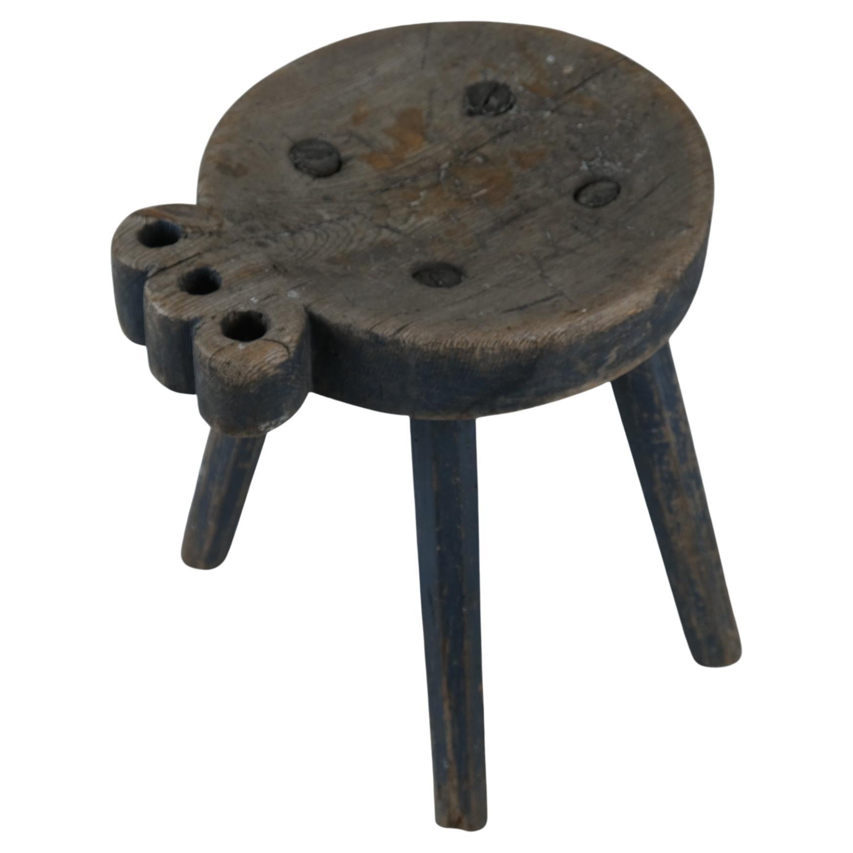 Stunning Hand Carved Folk-Art Stool, Grayish Blue, Finland Late 1800s