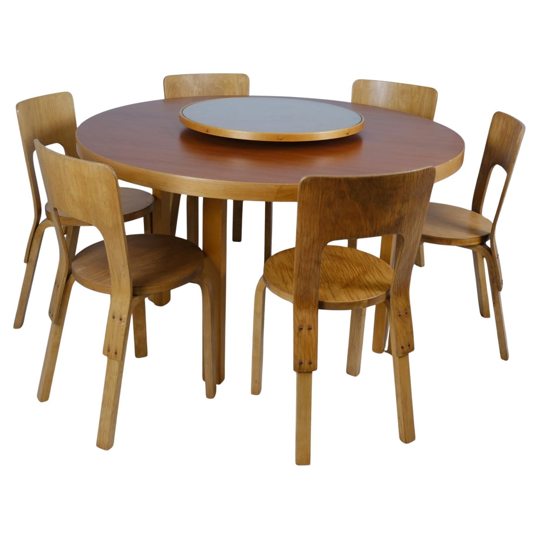 Alvar Aalto Dining Table with Lazy Susan B91 and 6 Chairs Model 66, Artek, 1940s