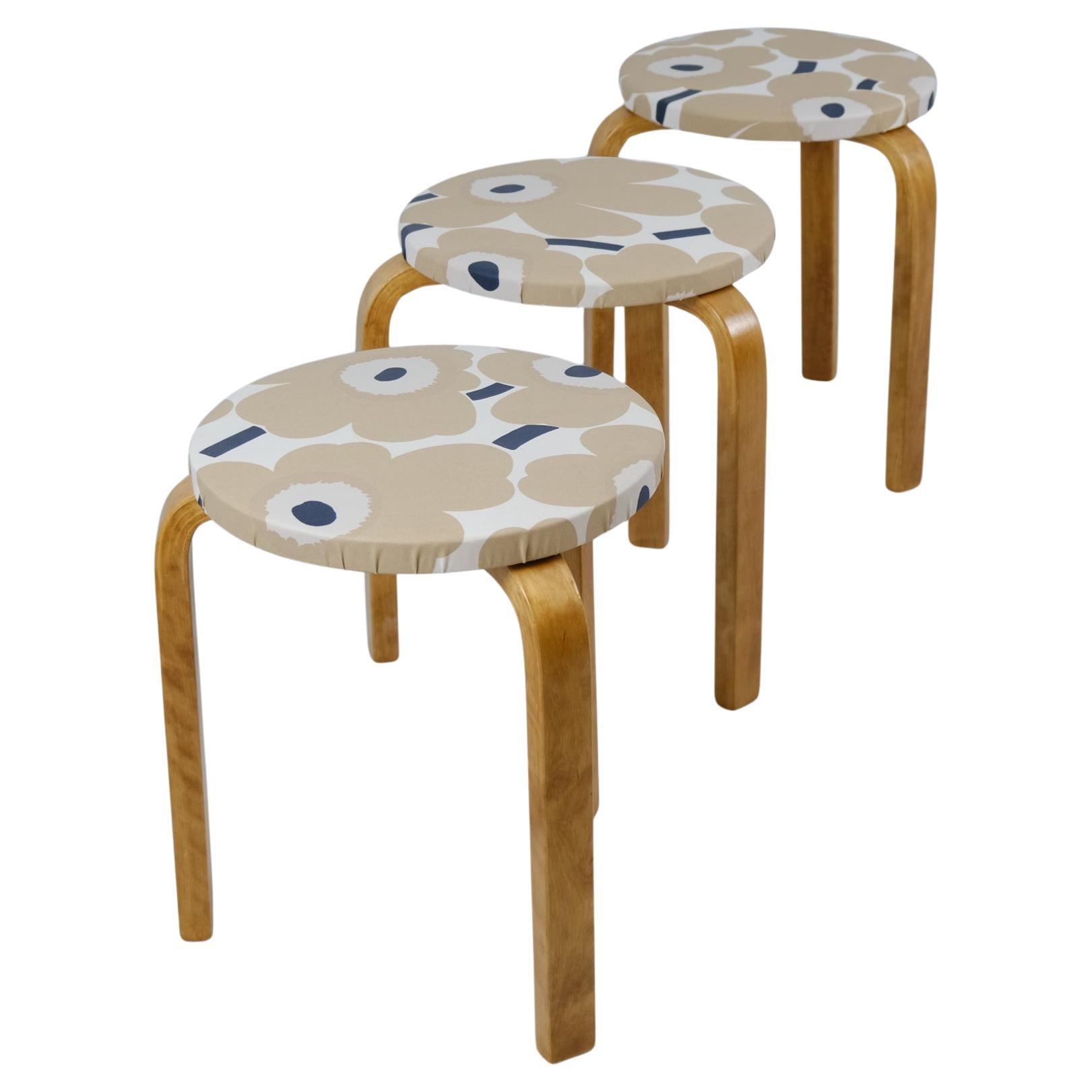 Set of 3 Alvar Aalto Stackable Stools Model 60, Marimekko Fabric, Artek 1940s