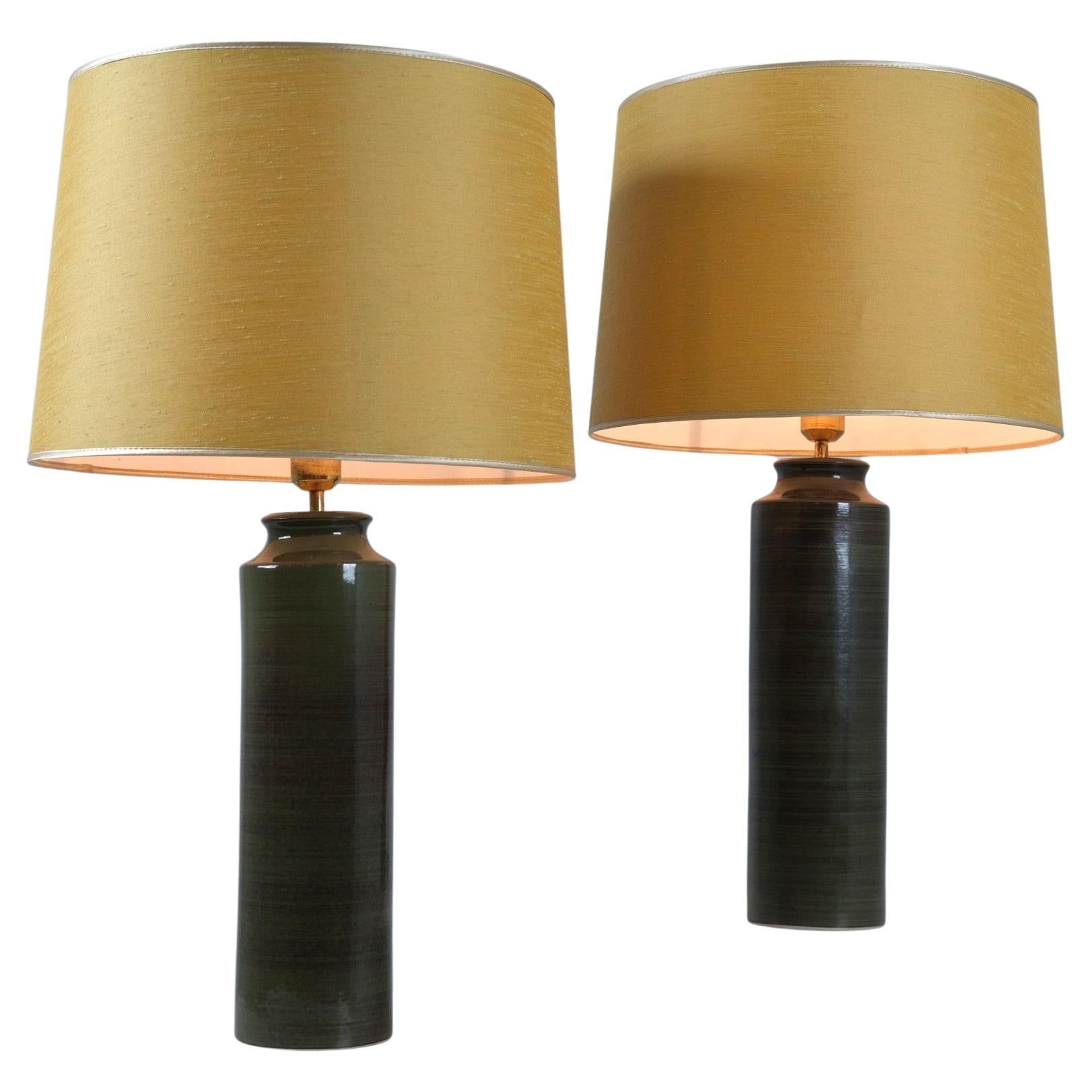 Gunvor Olin-Grönqvist Sizable Pair of Green Ceramic Table Lamps, Arabia 1960s