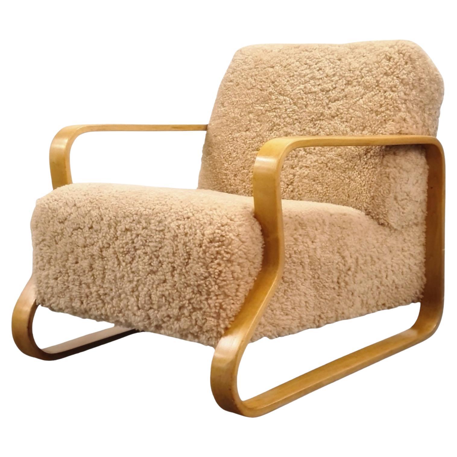 Alvar Aalto Padded Paimio 44 Lounge Chair in Birch & Sheepskin, Artek 1950s