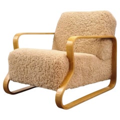 Alvar Aalto Padded Paimio 44 Lounge Chair in Birch & Sheepskin, Artek 1950s