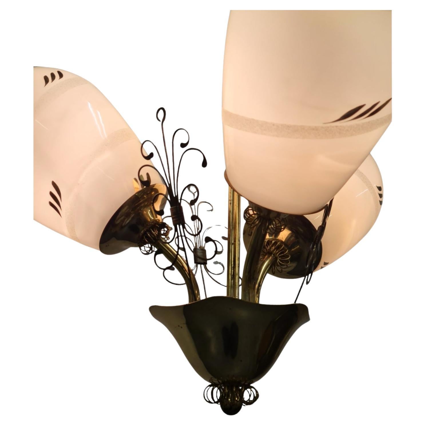 This is quite a typical 1950s Finnish design ceiling lamp at its best. Of course there are striking similarities to Paavo Tynell lighting fixtures, but not everyone could afford Tynells, even back then.
There are quite a few similar lamps in the