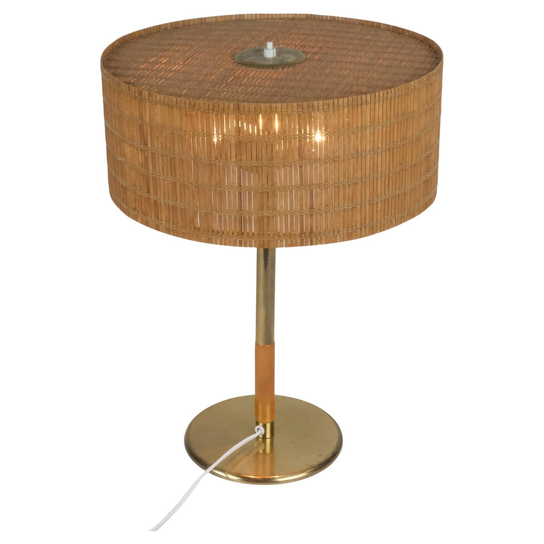 Paavo Tynell Table Lamp Model 5068, Brass, Wood & Rattan, Taito 1950s