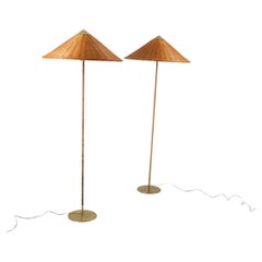 A Pair of Paavo Tynell Floor Lamps Model 9602 'Chinese Hat', Rattan, Idman 1950s