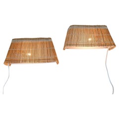 A Pair of Mid-Century Reed, Metal and Natural Fabric Wall Lamps, Finland 1950s