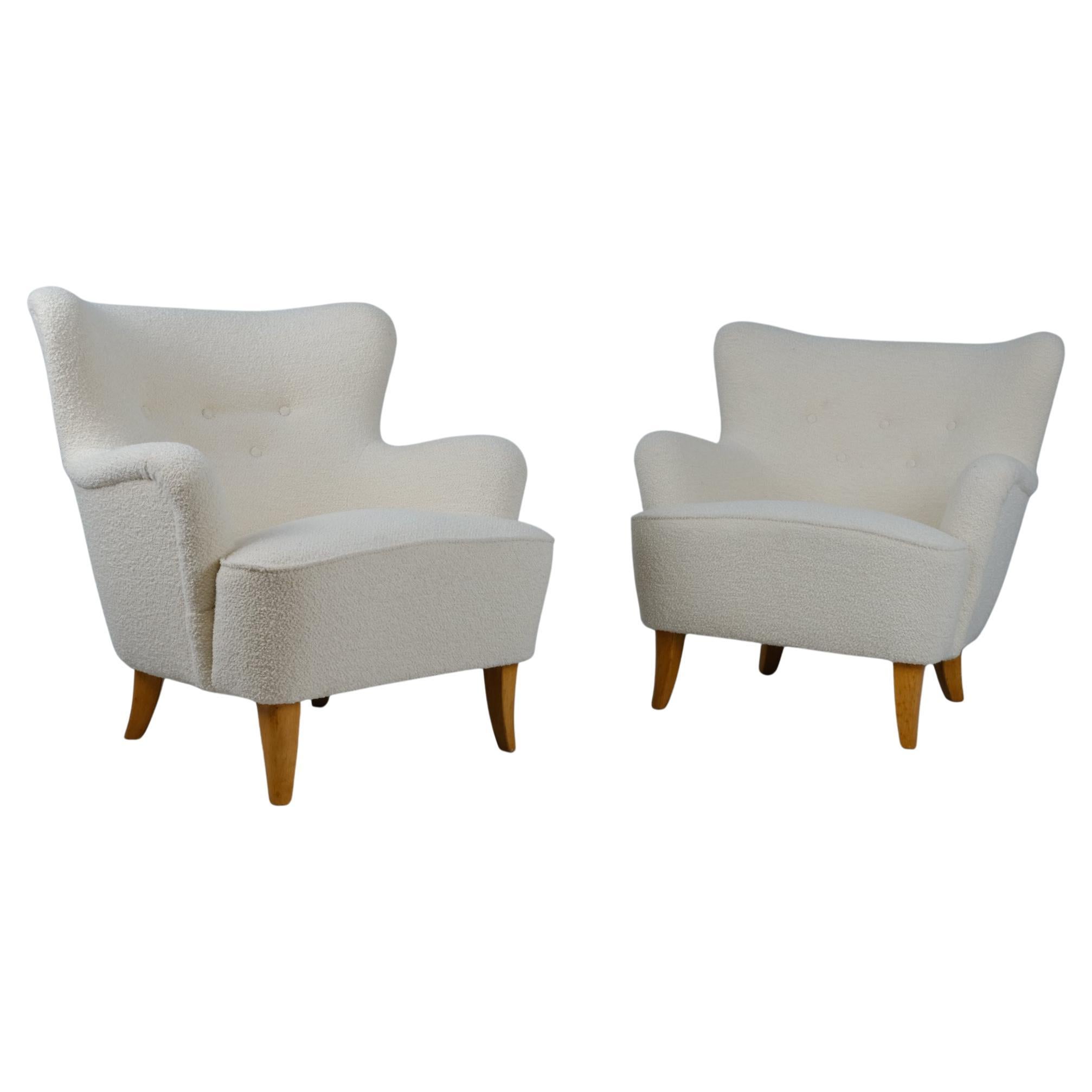 Pair Of Ilmari Lappalainen Laila Armchairs Upholstered in White, Asko 1950s