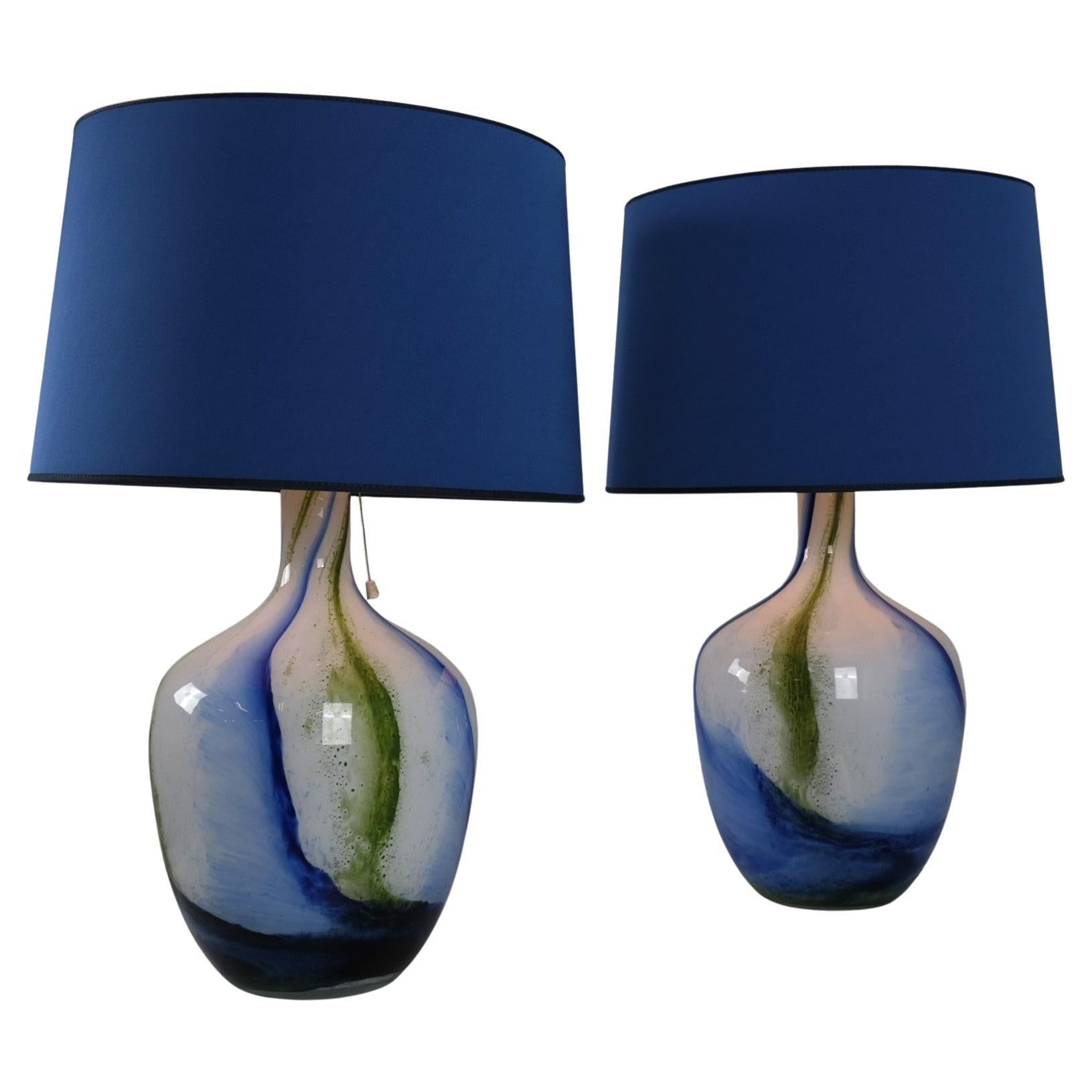 Paar Tamara Aladin „Coral“-Tischlampen aus Opalglas, Blau & Grün, 1970er Jahre