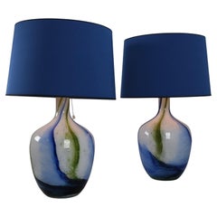Pareja De Lámparas De Mesa Tamara Aladin "Coral" De Vidrio Opalino, Azul Y Verde, Años 70
