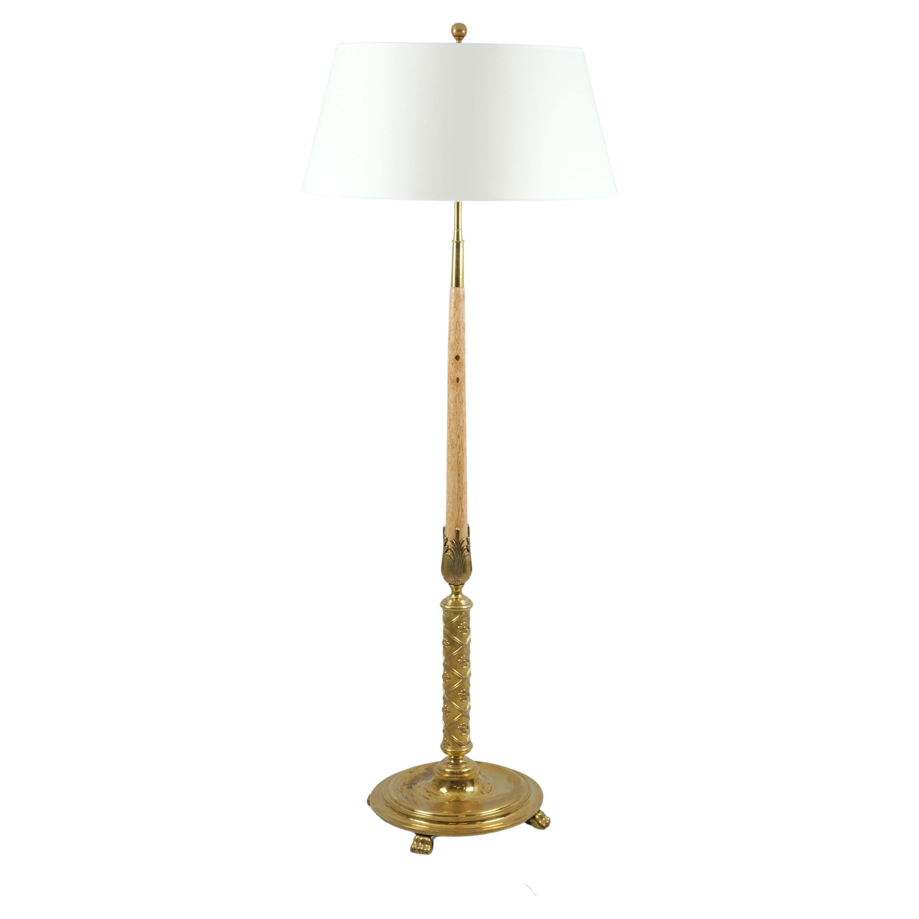 Monumental Floor Lamp Attributed to Paavo Tynell, Brass and Silver Curly Birch For Sale
