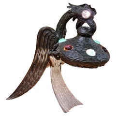 Handgefertigte Jugendstil-Tischlampe "Adler", patinierte Bronze und Glassteine, 1930er Jahre