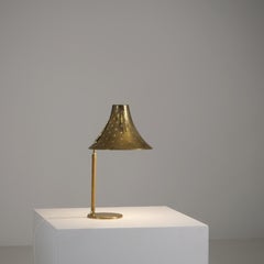 Paavo Tynell Perforated Brass and Rattan Table Lamp 9208, Taito 1940s