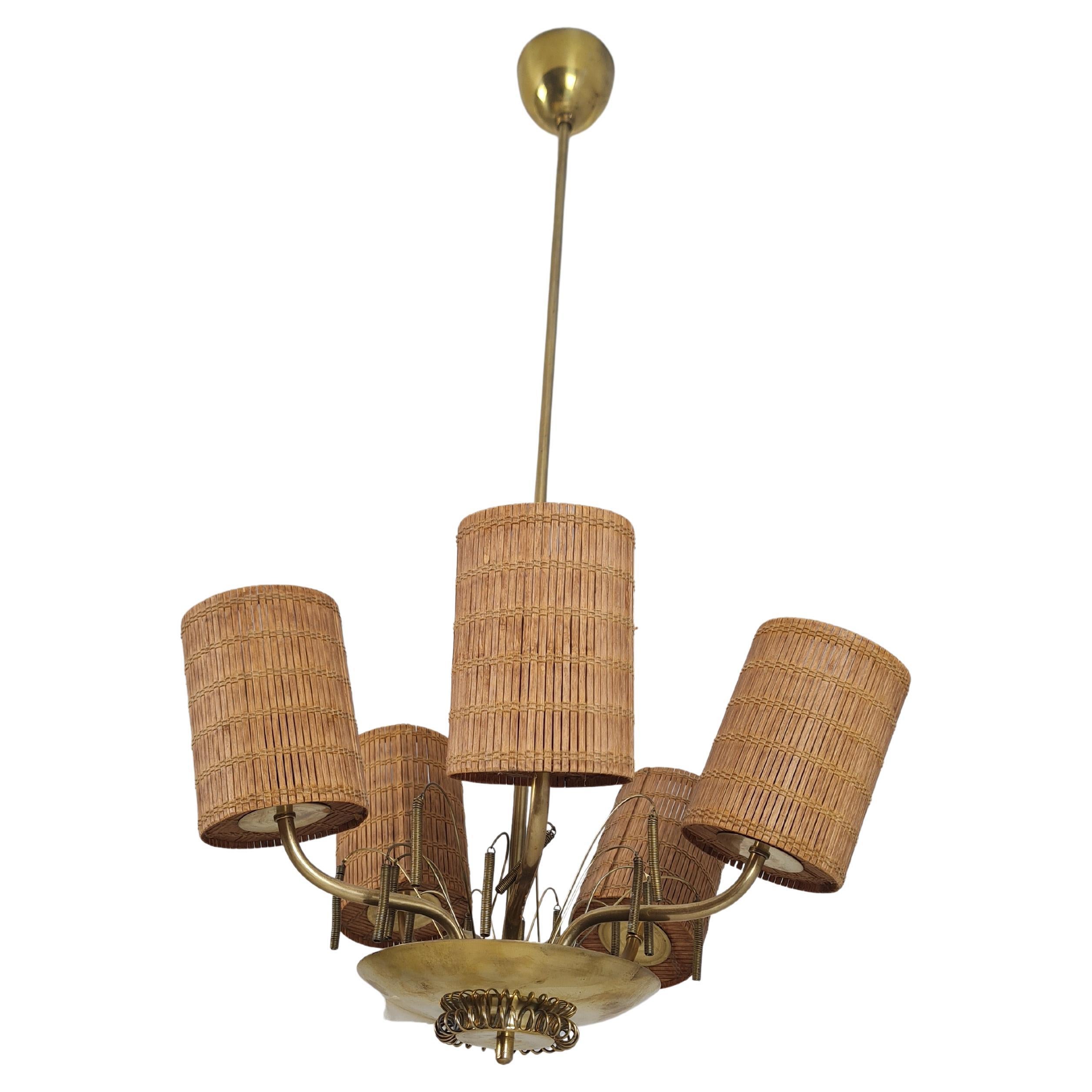 A Mid-Century Finnish Design Lamp in Brass & Rattan, 1950s