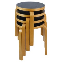 Set of 4 Alvar Aalto Stools Model no 60, Black Laminate, Artek 1950s