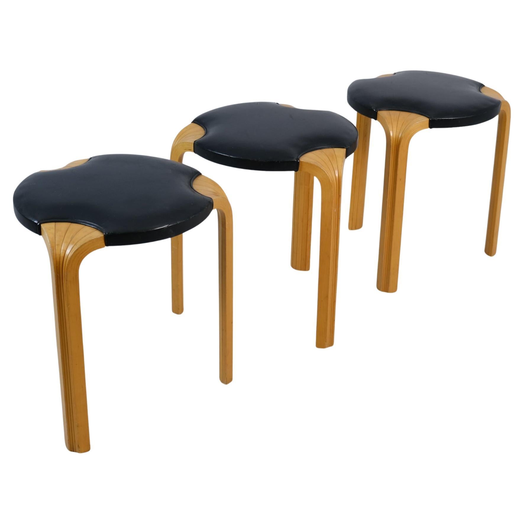 Set of Alvar Aalto Stool X600 in Birch and Original Black Leather, Artek, 1960s