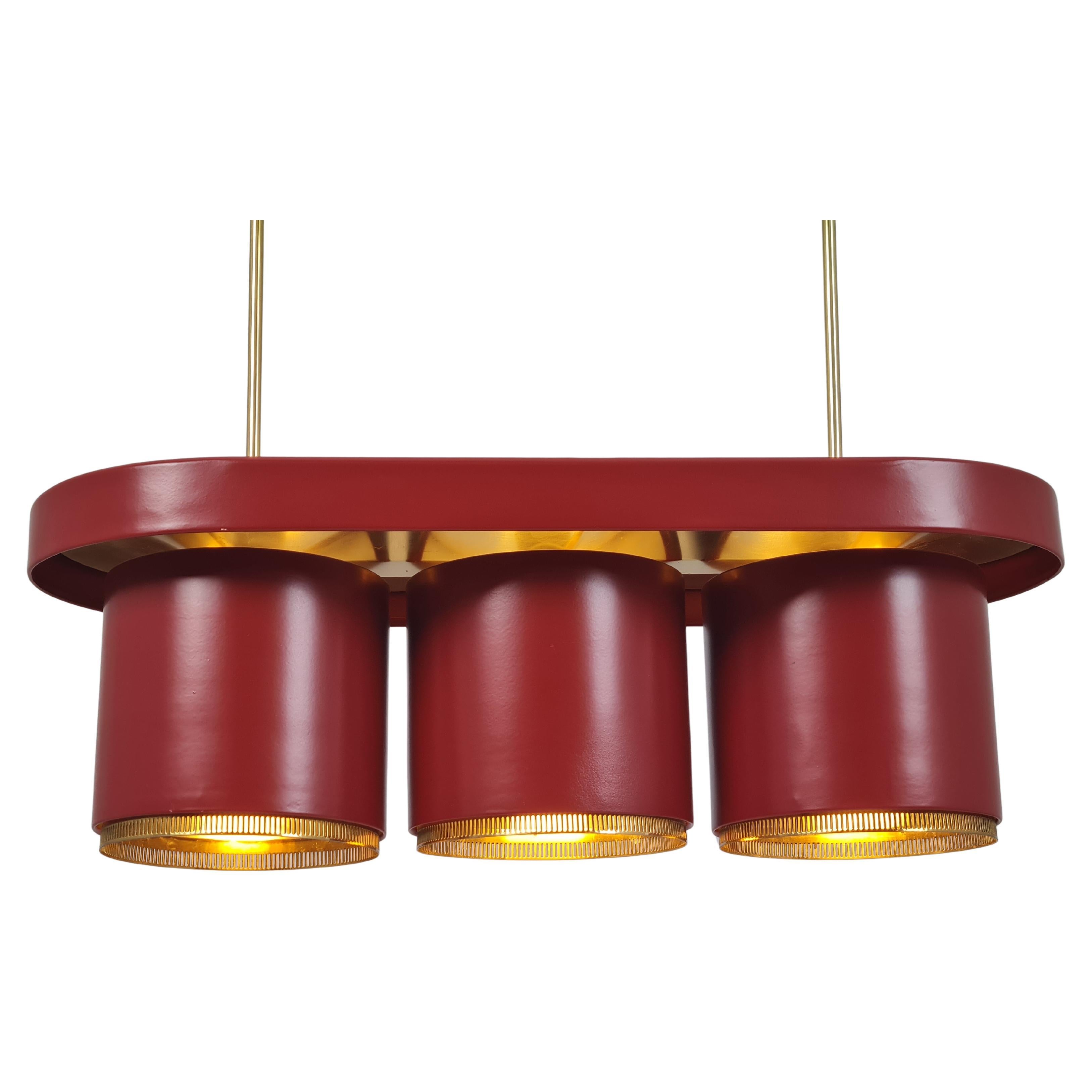 Alvar Aalto 'Triplets' Pendant Model A 203 In Brass & Red, Valaistustyö 1950s