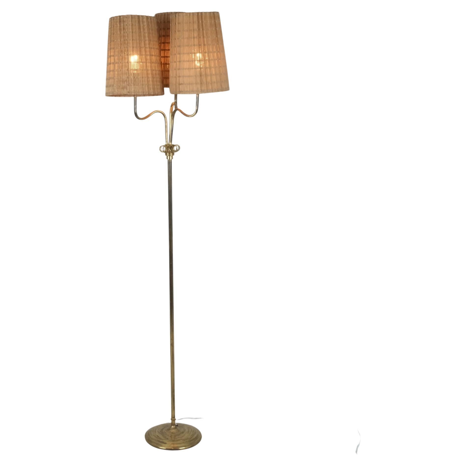 Mid-Century Modern Floor Lamp in Brass and Rattan, V. Soini, Finland 1950s