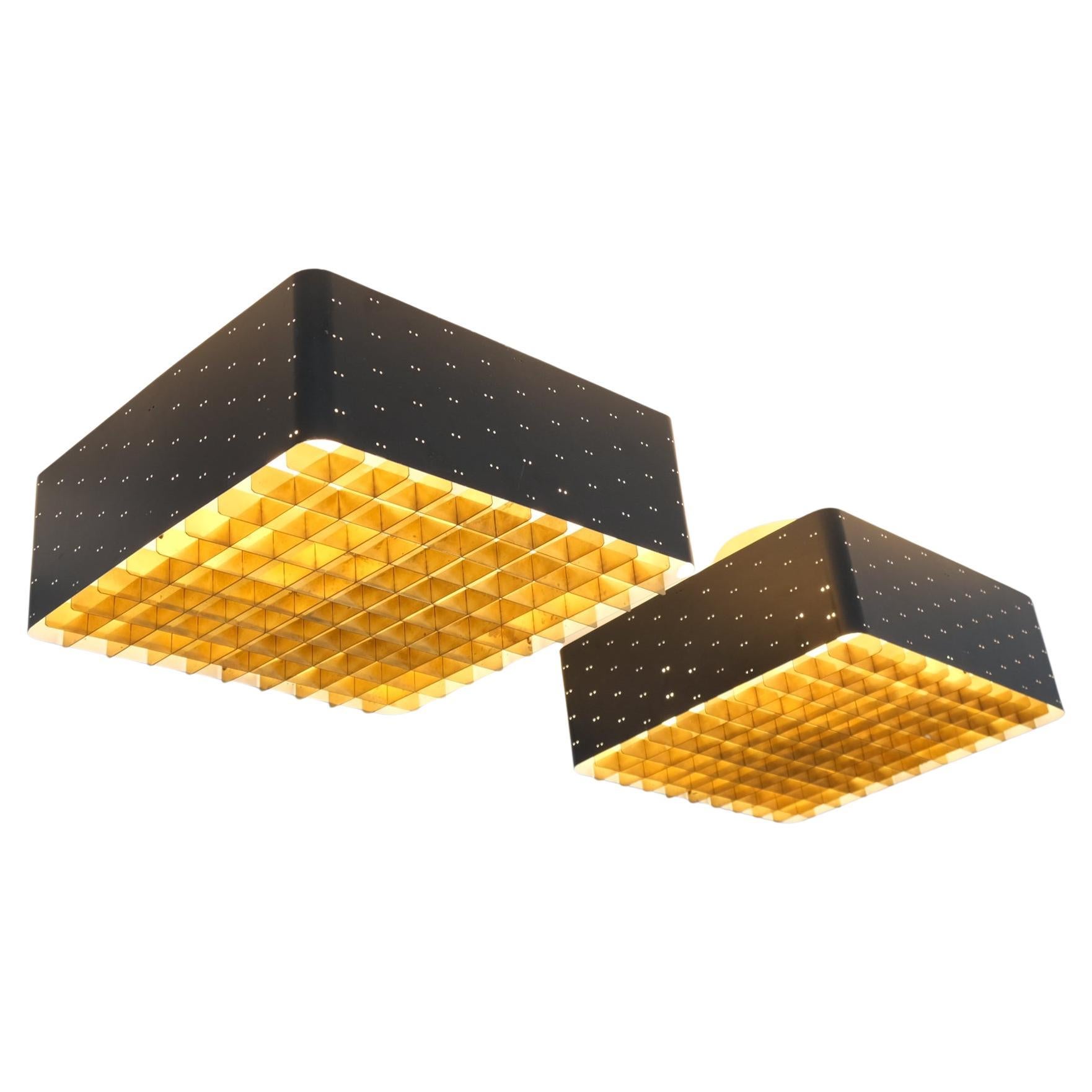Pair of Paavo Tynell Starry Sky Ceiling Lamps 9068 In Brass & Black, Taito 1950s
