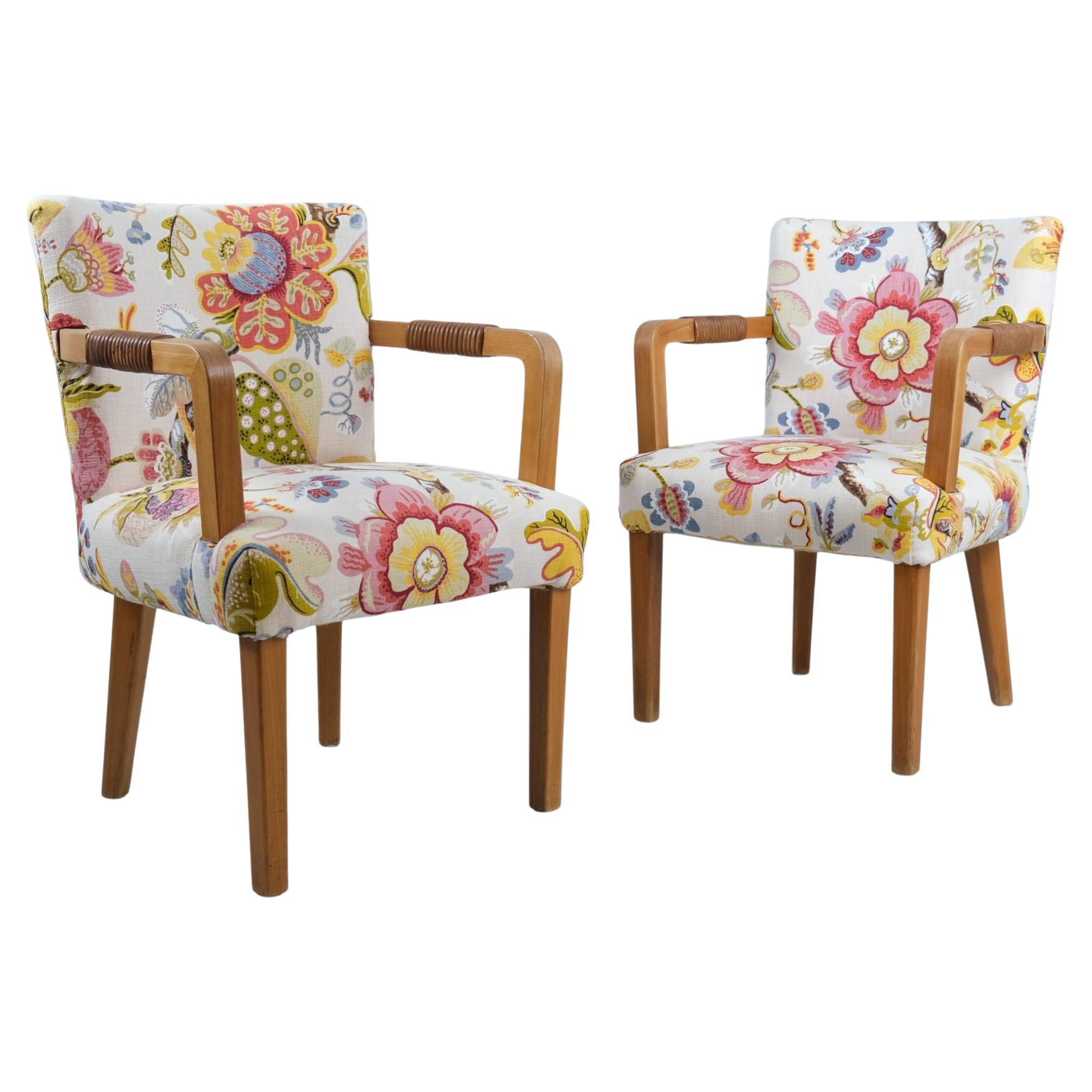 Aino Aalto Pair of Club Chairs in Oak, Leather, & Floral Pattern, Artek 1940s.
