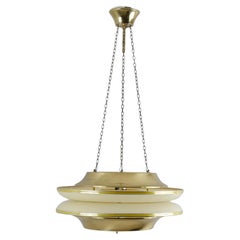 Retro Modernistic Slatted Kai Ruokonen Ceiling Pendant in Brass and Beige, Lynx 1970s