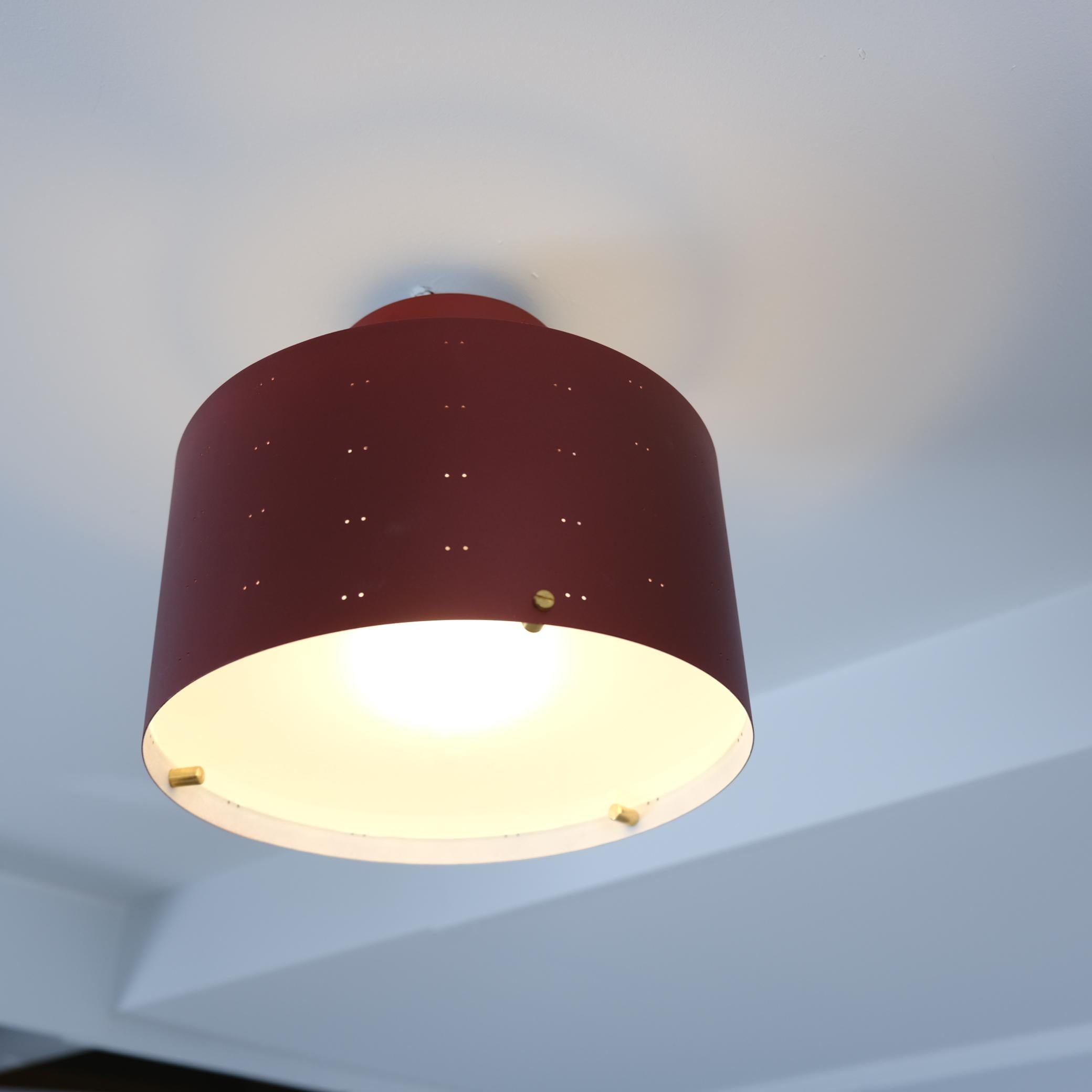 Mid-Century Modern Paavo Tynell Round Starry Sky Ceiling Lamp 9069, Burgundy Red, Idman 1950s For Sale