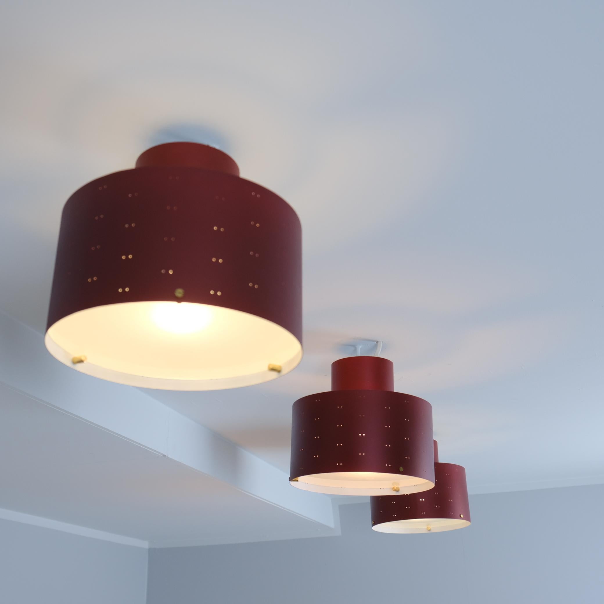 Metal Paavo Tynell Round Starry Sky Ceiling Lamp 9069, Burgundy Red, Idman 1950s For Sale