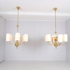 Pair of Paavo Tynell Commissioned Chandeliers in Brass & Fabric, Taito 1940s
