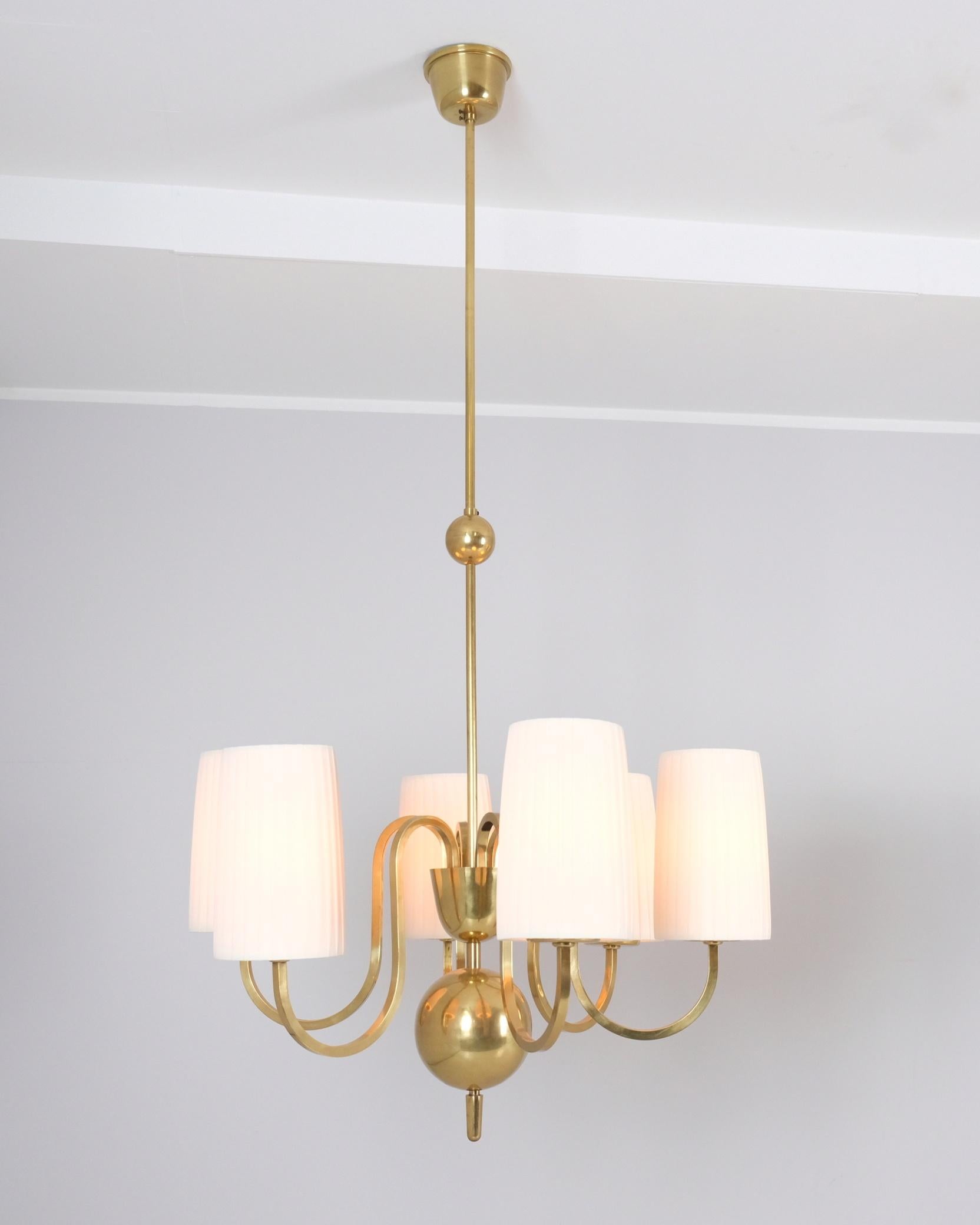 Pair of Paavo Tynell Commissioned Chandeliers in Brass & Fabric, Taito 1940s For Sale 1