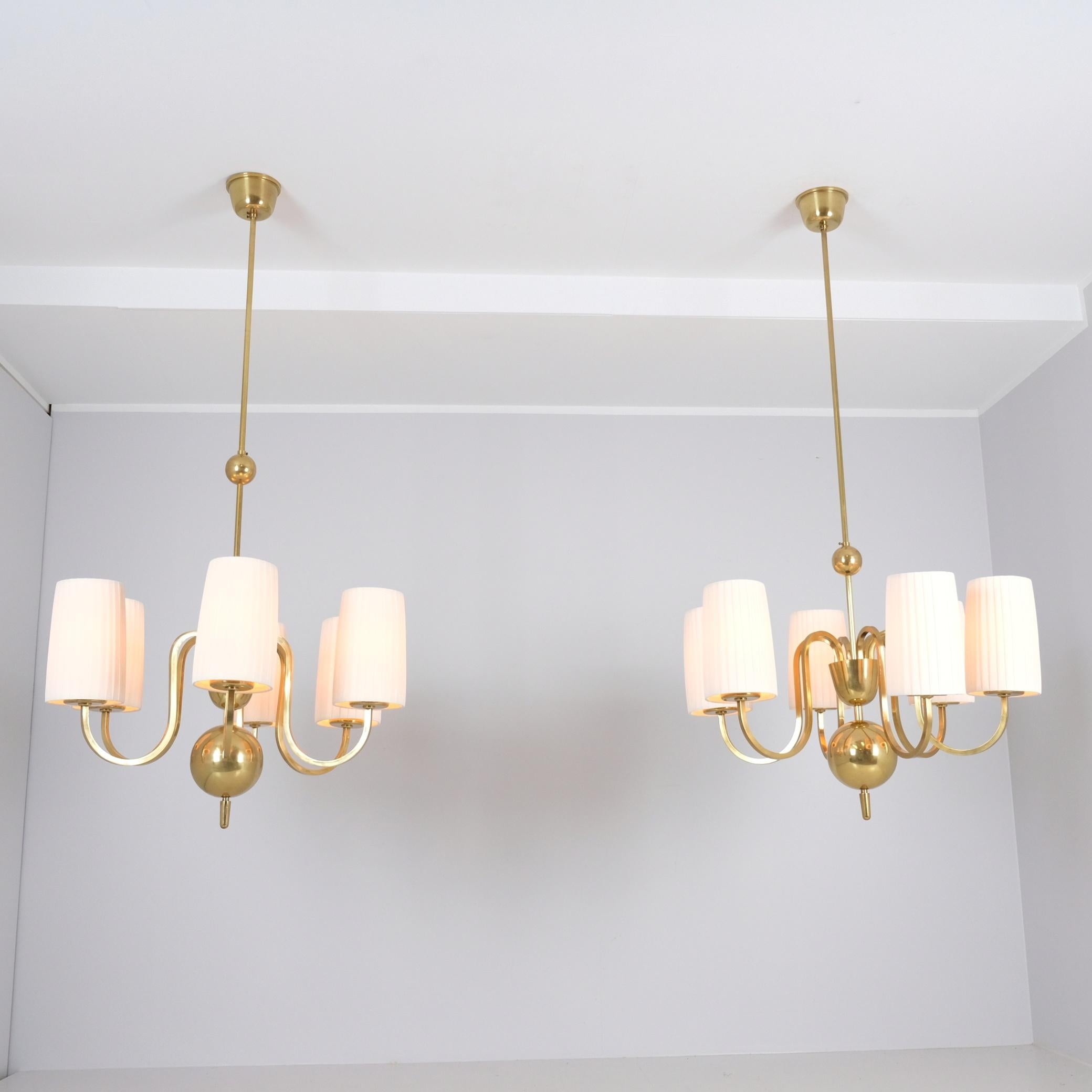 Scandinavian Modern Pair of Paavo Tynell Commissioned Chandeliers in Brass & Fabric, Taito 1940s For Sale