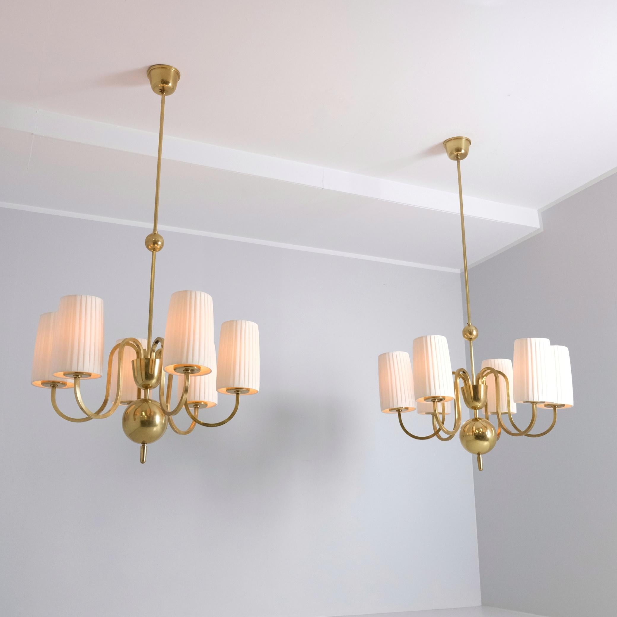 Finnish Pair of Paavo Tynell Commissioned Chandeliers in Brass & Fabric, Taito 1940s For Sale