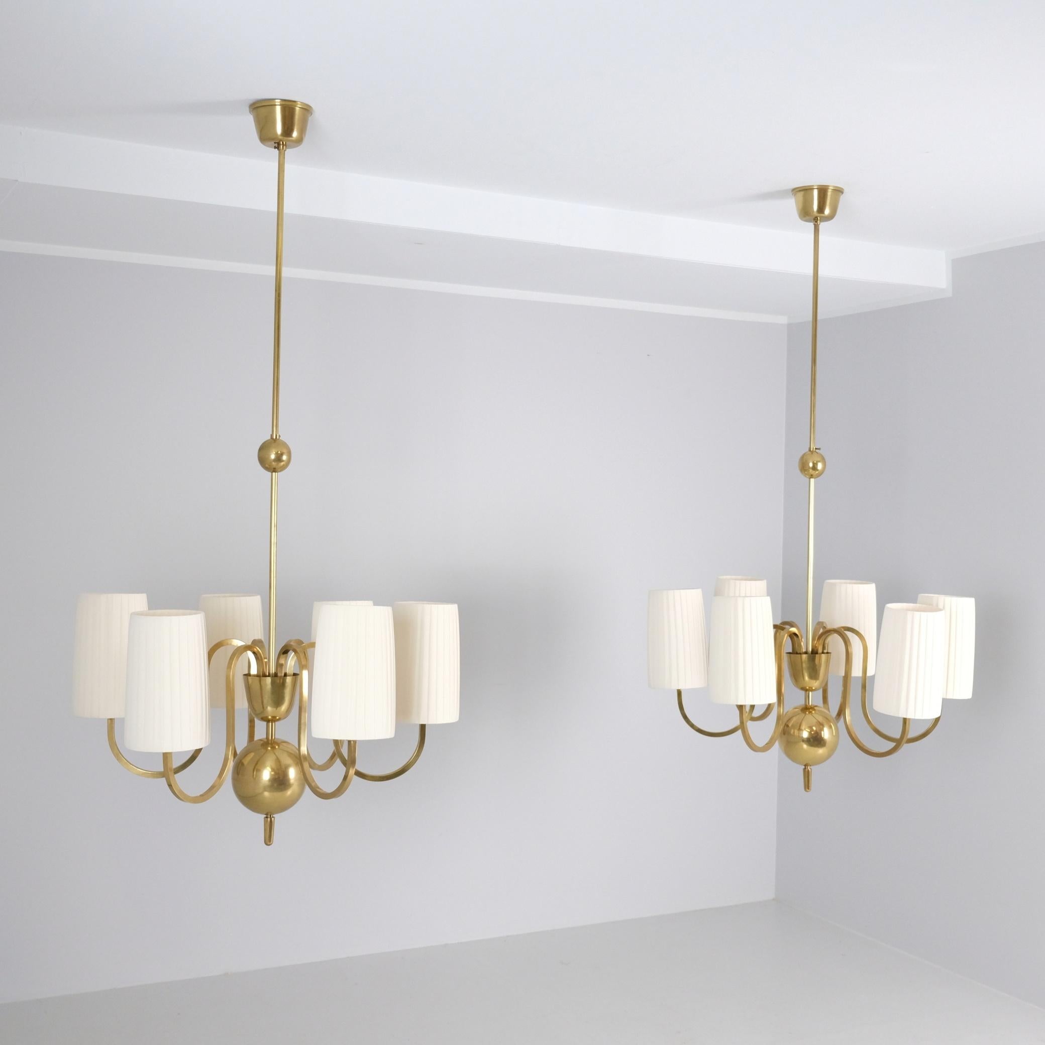 Pair of Paavo Tynell Commissioned Chandeliers in Brass & Fabric, Taito 1940s For Sale 2