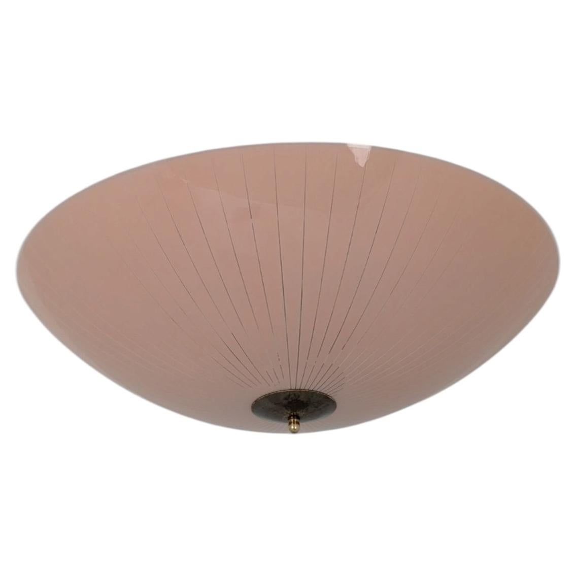 Vintage Flush Mount in Salmon Pink Etched Glass, Lasipaino Oy, Finland 1950s