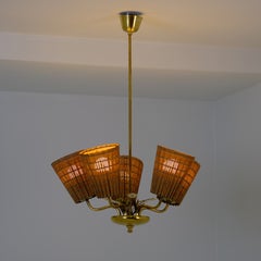 Mid-Century Valinte Chandelier Model 2538/5 in Brass & Rattan, Finland 1950s